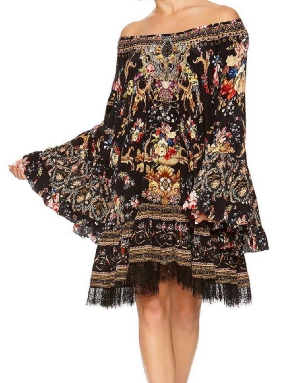 Camilla Friend in Flora Embellished Silk Colorful Pattern Boho Resortwear Dress